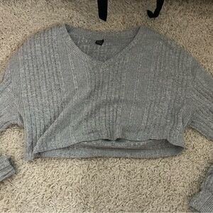 Gray V-Neck Cropped Sweater